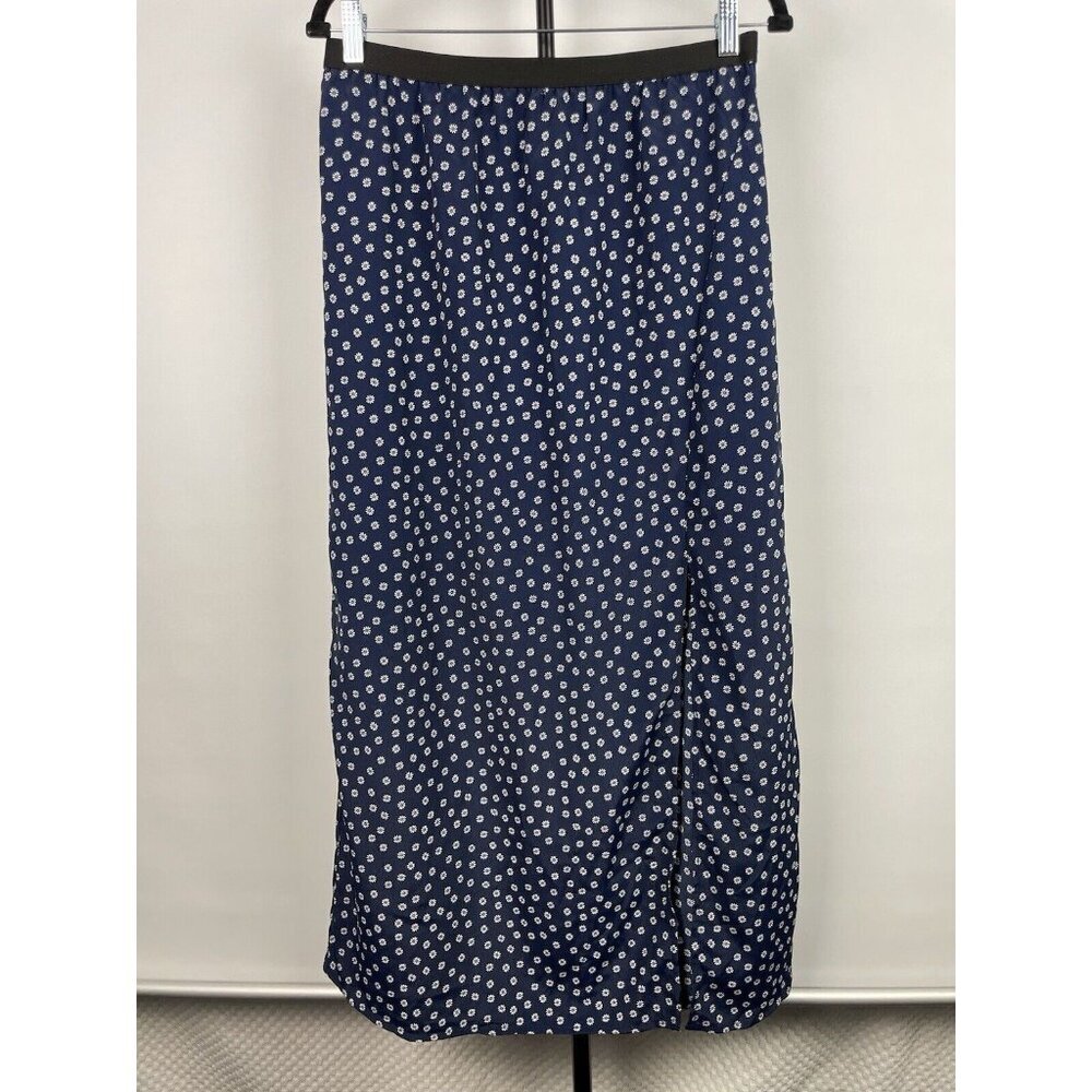 Sanctuary Navy Blue Daisy Floral Midi Pull On Front Side Slit Slip Skirt Size XL
